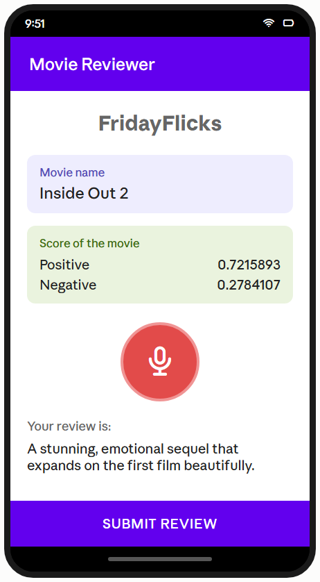 FridayFlicks running on Android: a spoken movie review scored by sentiment