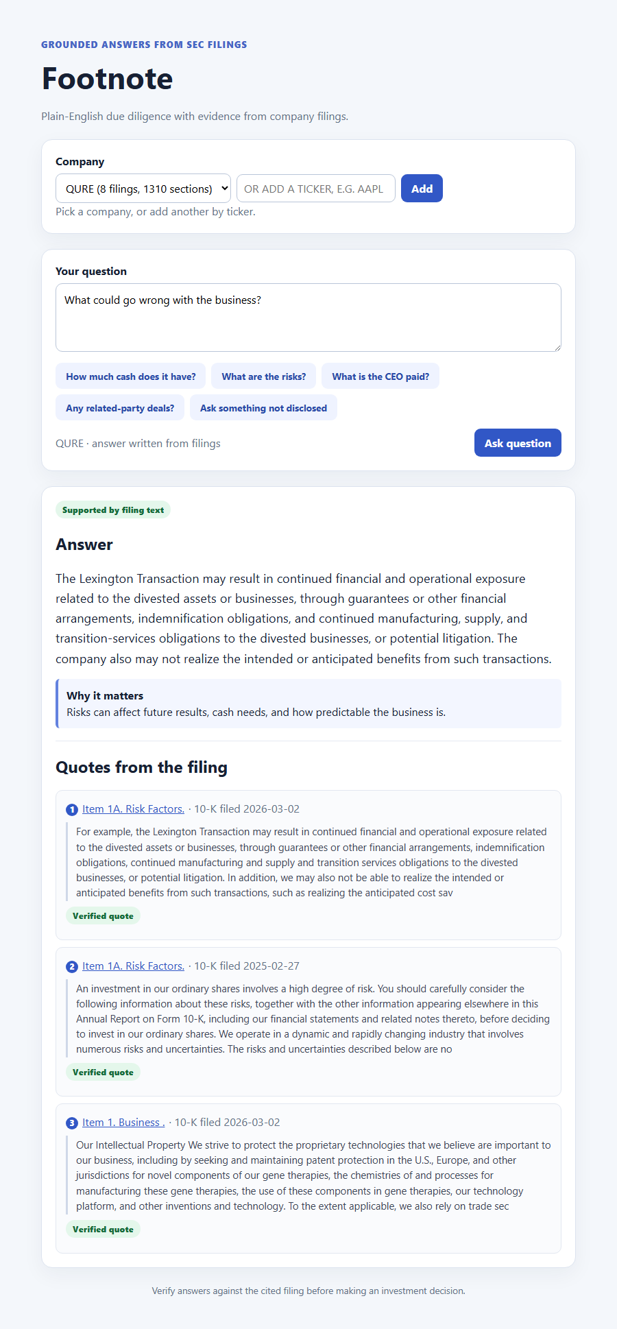 The Footnote web app: a risk-factors question about QURE answered with a written summary and three verified quotes from its 10-K filings
